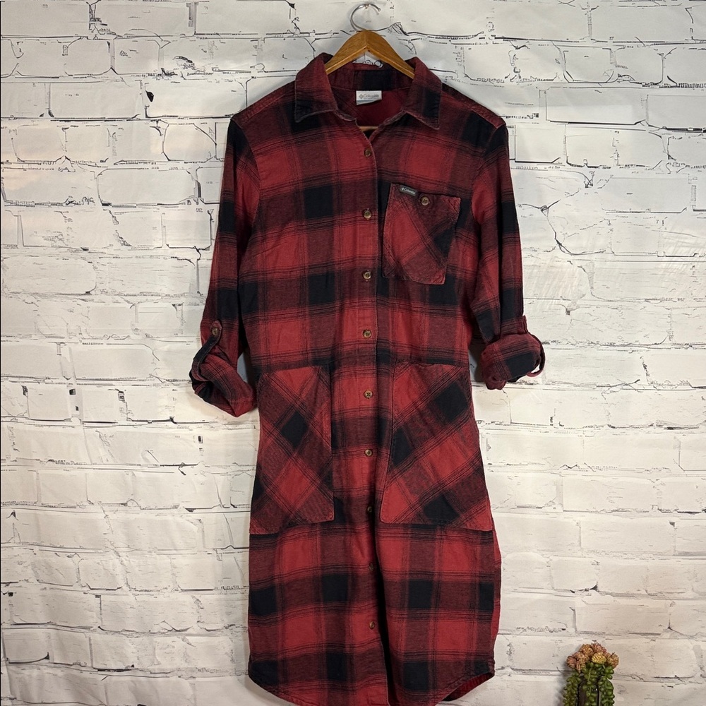 Columbia Women's Pine Street Shirt Dress Red Black Buffalo Plaid Belted Flannel